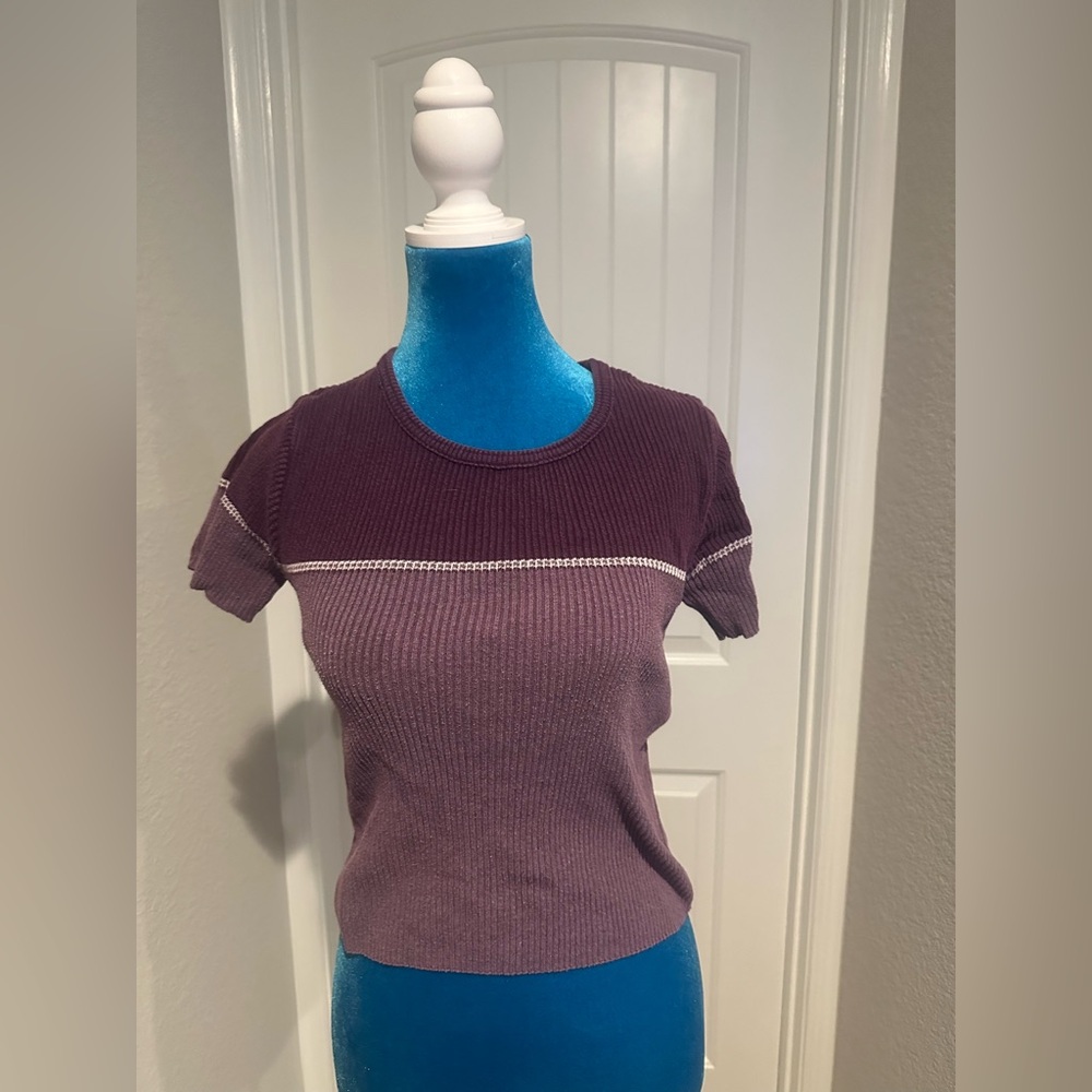 Ribbed Short Sleeve Tee in Plum with Contrast Stitching